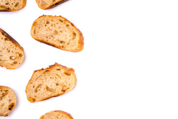 Frame of pieces of white bread isolated on white background. Flat lay, top view. Copy space for your text.