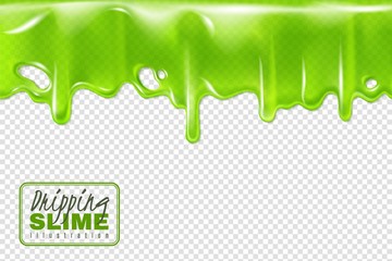 Dripping green slime. Slimy toxic drips isolated, goo flow and mucus fluid. Liquid decoration borders 3d halloween vector background