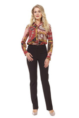 blond business woman with long hair in long sleeve official print bluse black trousers heels shoes