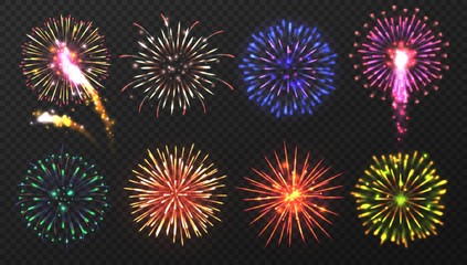 Fireworks. Various multicolored firework explosions with shining sparks. Christmas pyrotechnic show elements. Realistic vector set