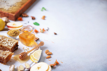 Ingredients for healthy hot drink. Lemon, ginger, mint, honey, apple and spices on grey concrete background. Copy space. Alternative medicine concept. Clean eating, detox