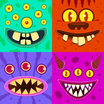 Monster faces. Cute horned crazy goblin and slimy gremlin, scary aliens. Halloween funny trolls, zombie head cartoon vector characters