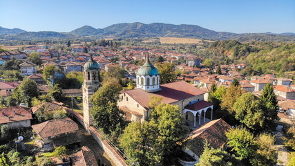 Fototapeta na wymiar Elena aerial panorama with church and clock tower