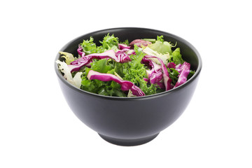 Black bowl with fresh salad isolated on white background