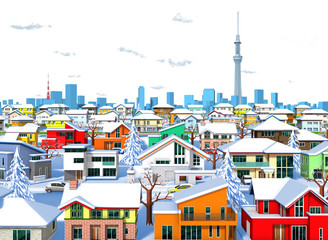 Fototapeta na wymiar 3D rendering winter Tokyo residential area white background