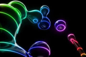 Lots of flying and separating drops on a black background with neon lighting 3D illustration