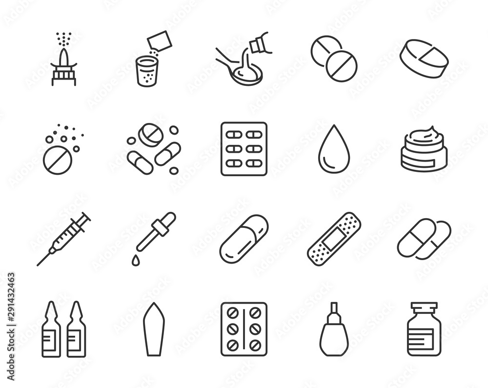 Wall mural Drug, Pharmacy Medical Line Icons. Vector Illustration Included Icon as Effervescent Pills, Cough Syrup Bottle, Gel, Antibiotic Capsule and other Pharmaceutical Pictogram. Editable Stroke