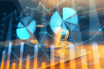 Stock market graph and table with computer background. Multi exposure. Concept of financial analysis.