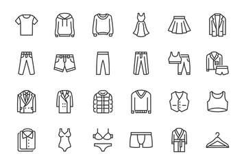 Foto op Plexiglas Clothes, Fashion Line Icons. Vector Illustration Included Icon as Jacket, Winter Coat, Sweatshirt, Dress, Hoody, Jeans, Hanger and other Apparel Flat Pictogram for Cloth Store. Editable Stroke © Pixel Pine