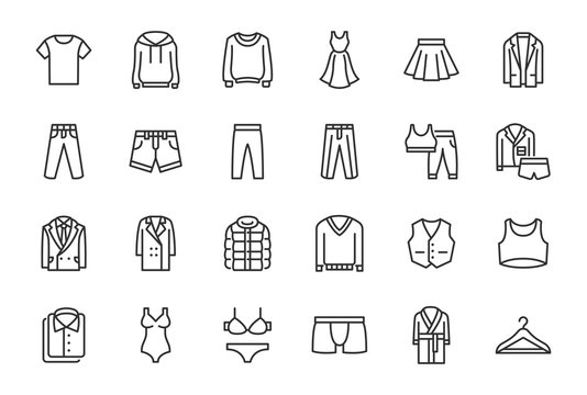 Clothes, Fashion Line Icons. Vector Illustration Included Icon as Jacket, Winter Coat, Sweatshirt, Dress, Hoody, Jeans, Hanger and other Apparel Flat Pictogram for Cloth Store. Editable Stroke