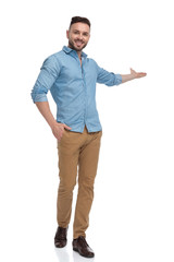 fine gentleman walking with hand in pocket greeting happy