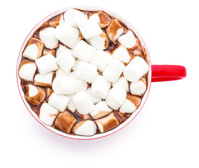 Cup of hot chocolate with marshmallows on white background