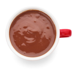 Cup of hot chocolate on white background