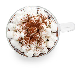 Cup of hot chocolate with marshmallows on white background