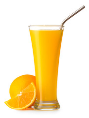 Glass of fresh orange juice on white background
