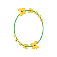 Vector concept green oval photo frame with yellow butterfly. Blank template to decorate the image and photo. Modern elegant graphic design.