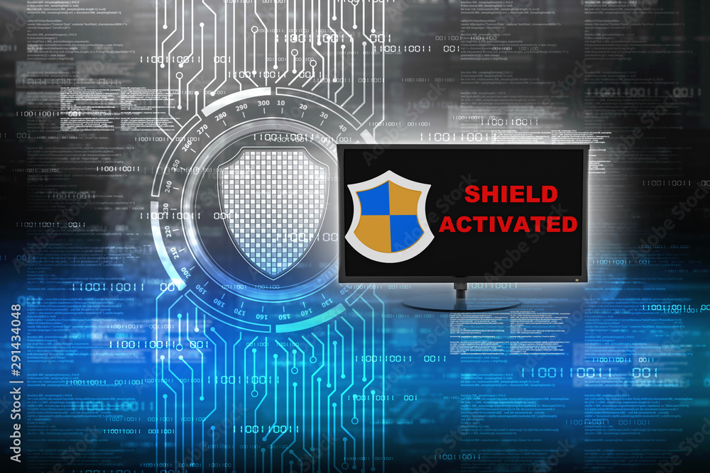 Poster 3d rendering laptop with shield