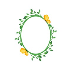 Vector concept green oval photo frame with yellow butterfly. Blank template to decorate the image and photo. Modern elegant graphic design.