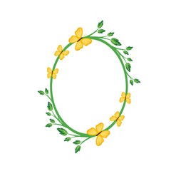 Vector concept green oval photo frame with yellow butterfly. Blank template to decorate the image and photo. Modern elegant graphic design.