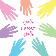 Fototapeta premium Hands in pastel rainbow colors on white background, with motivational hand written phrase. Idea of feminism, freedom and women movement for equality. Square format, t-shirt print / social media post