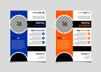 Business flyer template vector design, A4 brochure template blue and yellow colours circle geometry shapes used for business poster layout, IT Company flyer,  corporate banners, and leaflets
