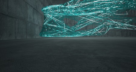 Abstract  concrete and glass lines interior  with neon lighting. 3D illustration and rendering.