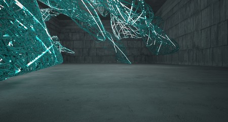 Abstract  concrete and glass lines interior  with neon lighting. 3D illustration and rendering.