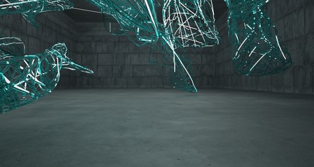 Abstract  concrete and glass lines interior  with neon lighting. 3D illustration and rendering.