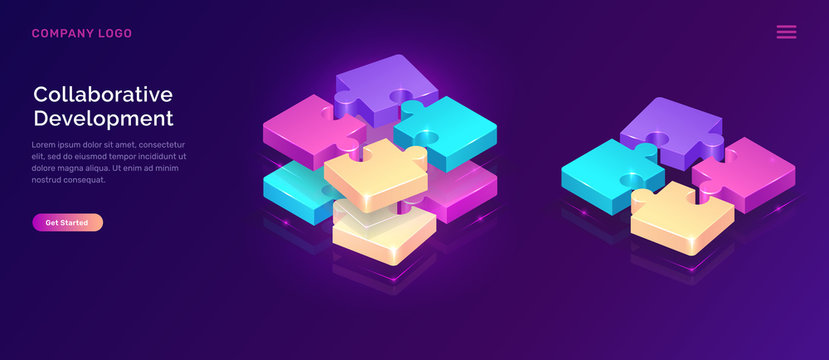 Collaborative development, isometric business concept vector. Color puzzle elements or icons on ultraviolet background. Teamwork, cooperation, partnership and trust 3d concept