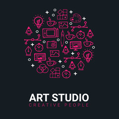 Art Studio. Background with doodle design elements.