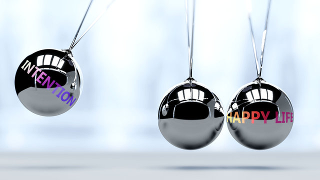 Intention makes happy life, helps to achieve success in professional job and personal life, brings positive values, satisfaction and allow people to live a better life, 3d illustration
