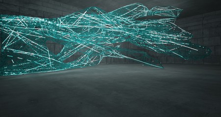 Abstract  concrete and glass lines interior  with neon lighting. 3D illustration and rendering.