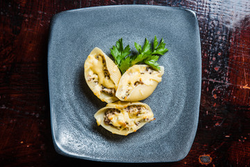 Pasta in cream sauce, Italian dinner with wine