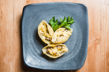 Pasta in cream sauce, Italian dinner with wine