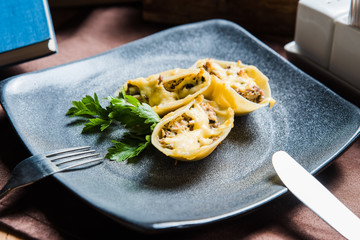 Pasta in cream sauce, Italian dinner with wine