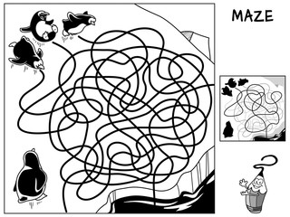Funny penguins. Educational maze game for children. Black and white cartoon vector illustration