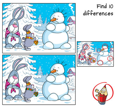 Snowman and two rabbits. Find 10 differences. Educational matching game for children. Cartoon vector illustration