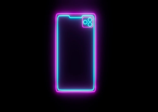 Neon Mobile Phone On Black Background, Futuristic Digital Illustration. Smartphone Perspective Vibrant View With Blank Screen, Camera Lenses And Space For Text, Modern Laser Led Concept.