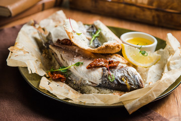 Grilled fish with various vegetables