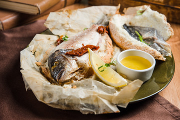 Grilled fish with various vegetables