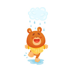 Obraz na płótnie Canvas Teddy bear runs on a puddle in the rain. Vector illustration.