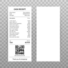 Receipts vector illustration of realistic payment paper bills for cash or credit card transaction. Vector illustration.