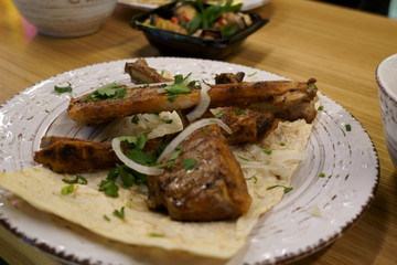 Roasted lamb ribs , carre. with white brad