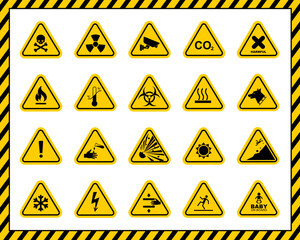 Set of triangle yellow warning sign. Vector, illustration