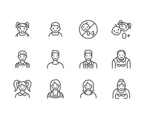 People age flat line icons set. Growth stage - baby boy, teenage girl, young woman, old man vector illustrations. Outline signs for family avatar, toy label. Pixel perfect 64x64. Editable Strokes