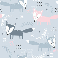 Colorful seamless pattern with foxes and leaves. Decorative cute wallpaper, good for printing. Overlapping background vector. Backdrop with animals