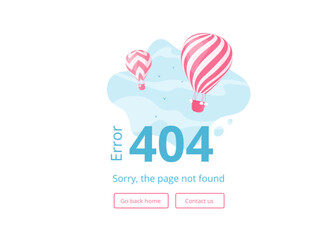 Page not found 404 error website vector illustration. Red stripes hot air balloons on blue skyscape with error 404 sign and interface template for website warning page on travel booking mobile app