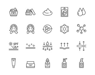 Skin care flat line icons set. Moisturizing cream, anti age lifting face mask, spf whitening gel vector illustrations. Outline signs for cosmetic product package. Pixel perfect 64x64 Editable Strokes