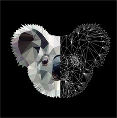 Low poly triangular koala head on black background, vector illustration isolated.  Polygonal style trendy modern logo design. Suitable for printing on a t-shirt.