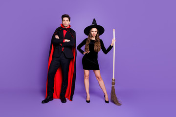 Full length body size view of his he her she nice-looking attractive trendy serious friends...
